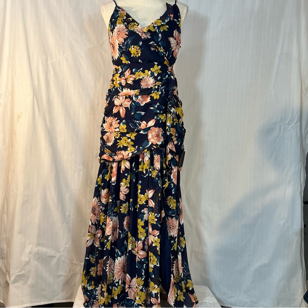 Lulus MIDI Floral Dress Blue Ruched Waist Flounce Skirt Slit Spaghetti Straps L - Picture 2 of 16